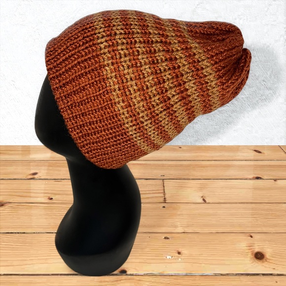 Handmade Knit Off-The-Yak Beanie Unisex Wool Yak Blend Deep Orange w/ Fawn Brown - Picture 8 of 10